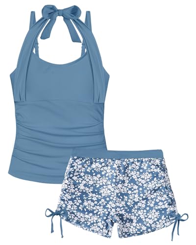 FishingDino Girls' Swimsuit with Padded Bra Size 122-164, Children's Tankini Girls Set with Halterneck Top & Boy Shorts, Teenager Swimming Shirt Swimsuit