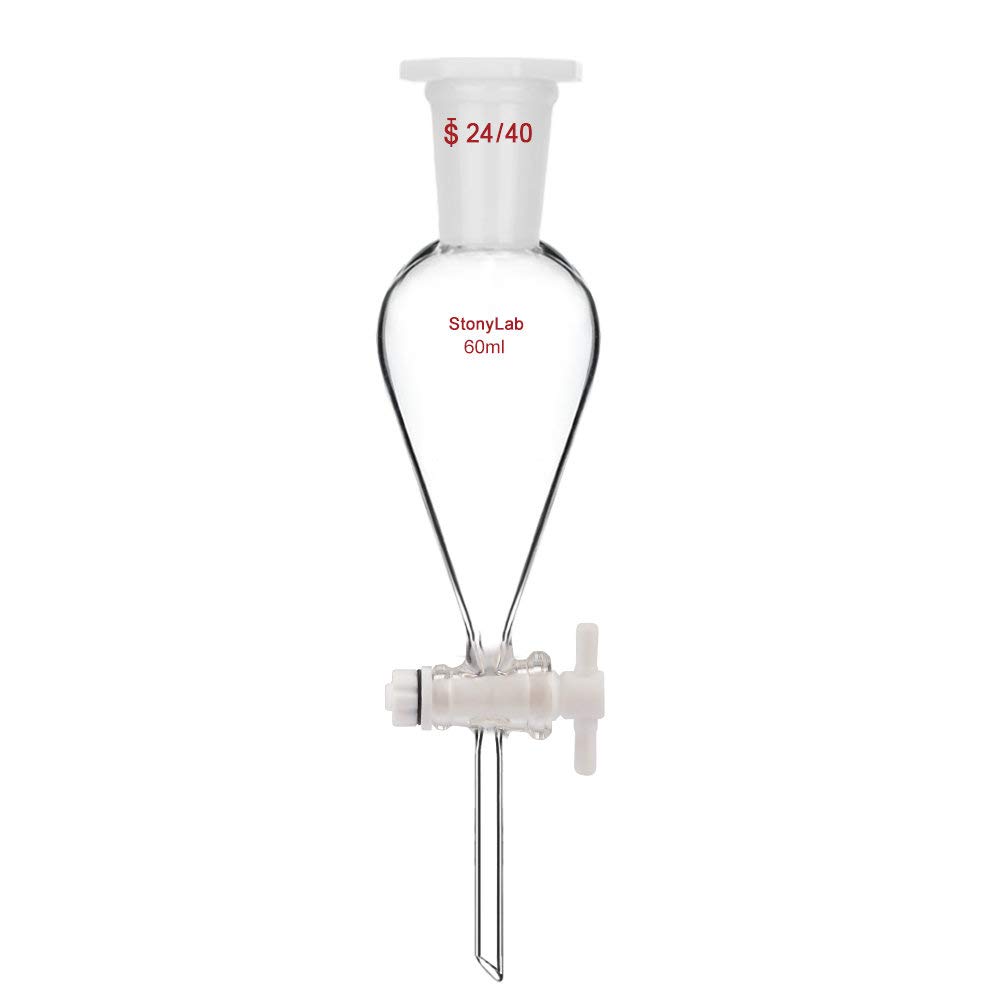 StonyLab Borosilicate Glass 60ml Heavy Wall Conical Separatory Funnel with 24/40 Joints and PTFE Stopcock, 60ml