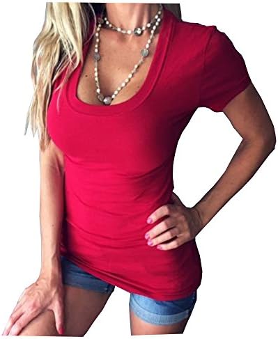 Sexy Woman's Red Short Sleeve Scoop Neck Low Cut T-Shirt (2x)