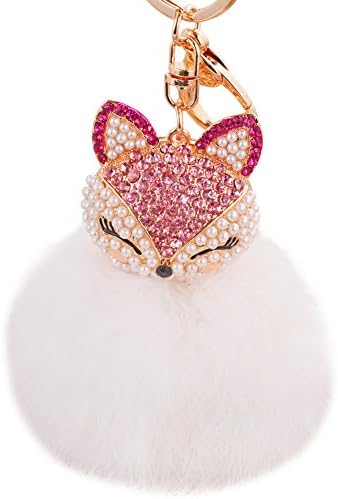 Cute soft Fur Ball fox Keychain Fluffy Ball Keychain Bag Hanging Pendant (white)