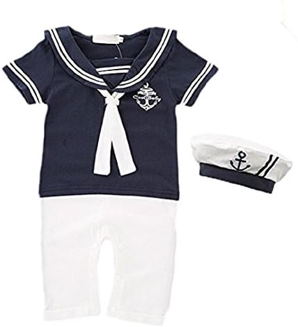 Baby Jett Setters Toddler Boys One Piece Sailor Suit Romper With Necktie and Matching Hat (Navy/White, 4T)