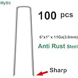 100x 6-Inch Galvanized Ground Garden Staples Stakes Pins, Lawn Landscape Staples Weed Fabric Staple, Heavy-Duty 11 Gauge Anti-Rust Steel Sod Anchor Securing Pegs(SodStaple_11Ga_AR)