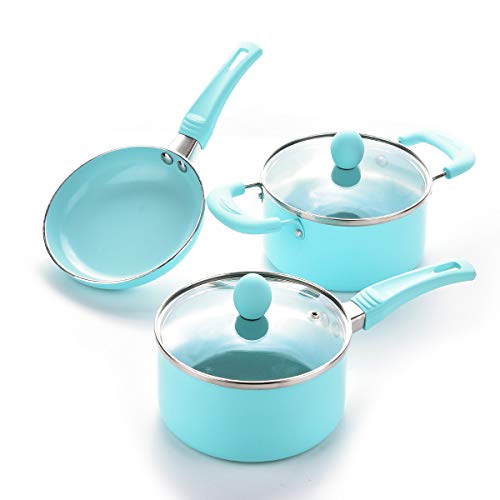 Caannasweis 3 Piece Cookware Set, 5.5" Nonstick Frying Pan, sauce pan and soup pan with glass lid set (Light Blue)