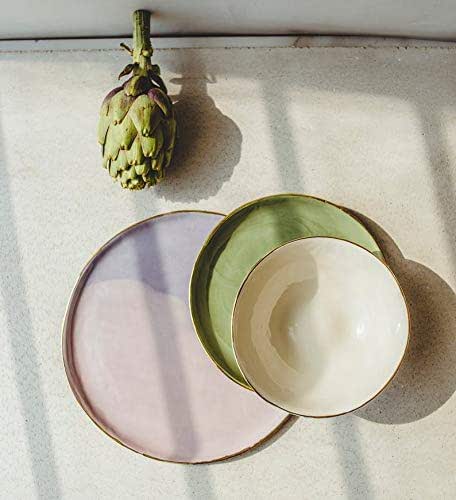 Modern Handmade 3-Piece Porcelain Mismatched Dinnerware Set with Genuine Gold Rims (Soup Bowl, Salad or Dessert Serving Plate, Dinner Plate) - by SIND STUDIO