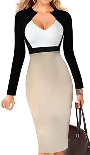 LunaJany Women's Chic V Neck Color Block Wear to Work Midi Dress