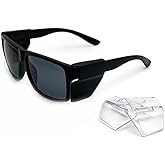 JING LEI Safety Glasses with Removable Side Shield,UV400 Protection Goggles, Rectangle Black Sun Glasses for Women Men Work
