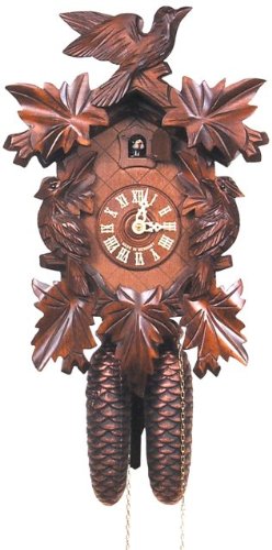 632-8 Engstler Cuckoo Clock, Carved with 8-Day Weight Driven Movement-Full Size-14 H x 9.5" W x 6" D, Brown