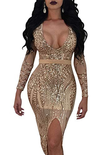 Women Sexy Floral Sequin See Through Sheer Mesh V Neck Long Sleeve Bodycon Club Midi Dress Champagne Small/US 0-2