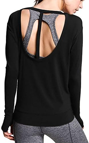 Bestown Women's Backless Full Sleeve T-shirt Solid Tee Stretch Yoga T Shirt Casual Top Black L