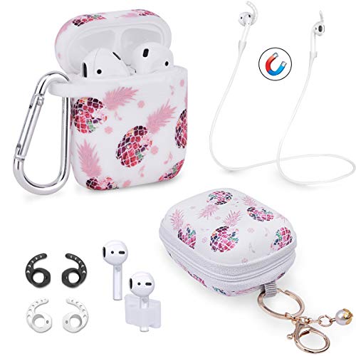 Airpods Case – Airspo 7 in 1 Airpods Accessories Set Compatible with Apple Airpods 1 & 2 [Front LED Not Visible] Protective Silicone Cover Floral Print Cute Case (White+Pineapple)