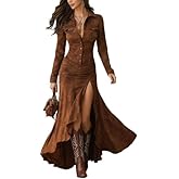 Womens Western Button Down Maxi Dress with Slit – Vintage Long Sleeve High Low Boho Cowgirl Flowing Dress