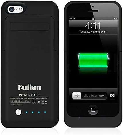 Kujian 2200 mAh External Battery Backup Rechargeable Case with 4 LED Lights, Built-in Pop-out Kickstand Holder for iPhone 5, 5s, 5c- Black