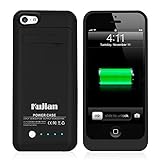 Kujian 2200 mAh External Battery Backup Rechargeable Case with 4 LED Lights, Built-in Pop-out Kickstand Holder for iPhone 5, 5s, 5c- Black