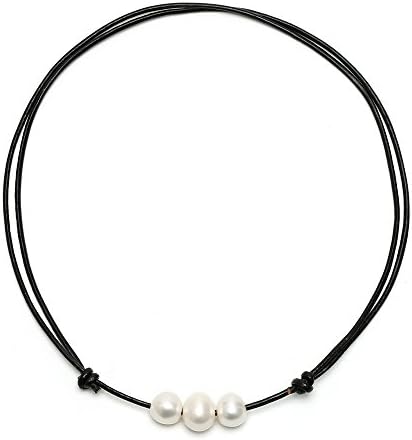 Freshwater Cultured Pearl Choker Necklace on Genuine Leather Cord for Women Handmade Choker Jewelry Gift 14”-18”