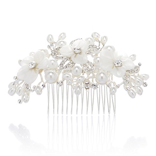 SWEETV Ivory Flower Wedding Hair Comb Pearl Comb Clip Bridal Headpieces Women Hair Accessories