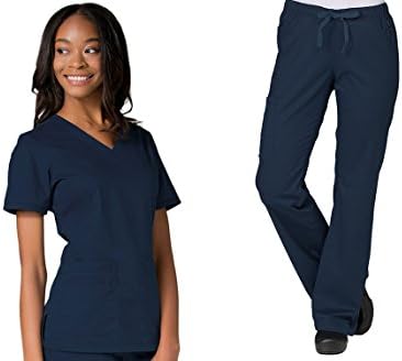 Blossom by Maevn Curved V-Neck Top &amp; Straight Leg Cargo Pant Scrub Set (Large Petite, True Navy)