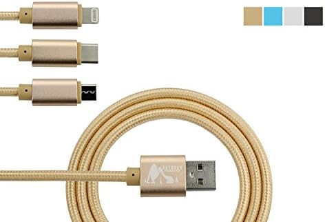 Outdoor Paradise Hi Speed 3-in-1 Cable | Type C/Lightning/Micro USB | Charges iPhone X 8/8S 7/7S to 5/5S | Samsung Galaxy S8/S8+ to S5/S5+ | GoPro | Nintendo Switch | Charge 3 at Once | Gold