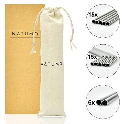 NATUMO ® Edelstahl Strohhalm wiederverwendbar, Metall Trinkhalm Set - 36 Strohhalme gerade + gebogen, inklusive 6 Bürsten und 3 Beuteln – Bild 4