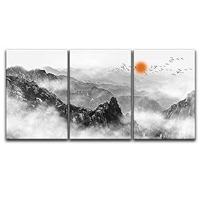 3 Panel Canvas Wall Art - Chinese Ink Painting Style Mountains Among The Mist with Rising Red Sun - Giclee Print Gallery Wrap Modern Home Art Ready to Hang - 16"x24" x 3 Panels