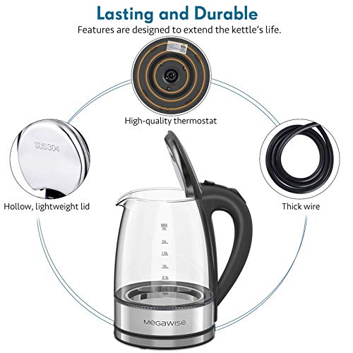 MegaWise 1500W Electric Kettle, 1.8L Borosilicate Glass Tea Kettle with