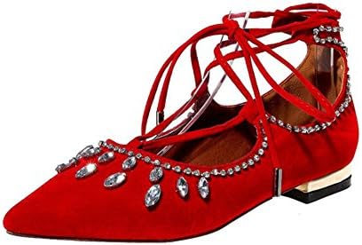 VASHOP Women's Rhinestones Decorated Convenient Self Lace up Walking Dress Flats,Red/8.5