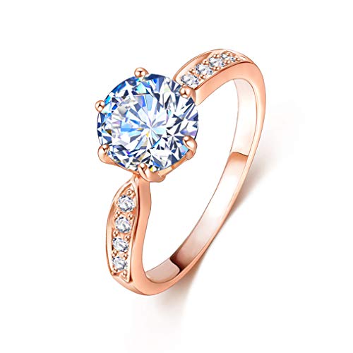 LOVOE Round CZ Diamond Ring 18k Rose Gold Plated 6 Prongs Solitaire Wedding Engagement Rings, (Size 5.5 to 9)