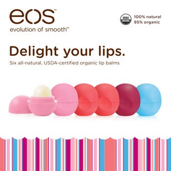 EOS ORGANIC LIP BALM 6 PACK 2 STRAWBERRY SORBET 1 POMEGRANATE RASPBERRY 2 SUMMER FRUIT 1 BLUEBERRY ACAI
