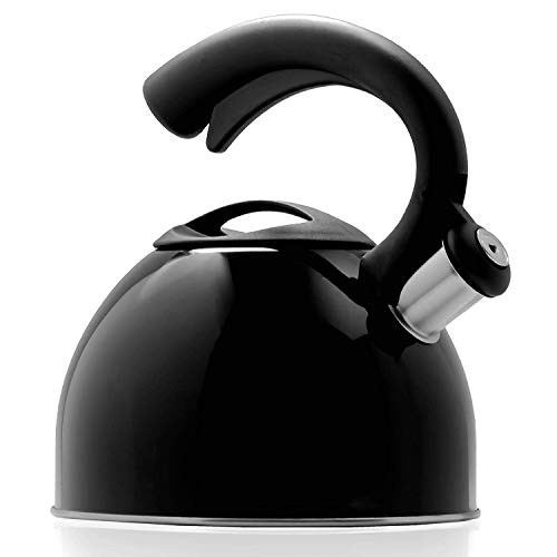 STAINLESS STEEL WHISTLING TEA KETTLE By Premius, Durable Construction And Elegant Design, Cool Touch Grip Handle And Lid, Pleasant Sounding Whistle, Stovetop Teakettle, 3.2 Quarts (Black)