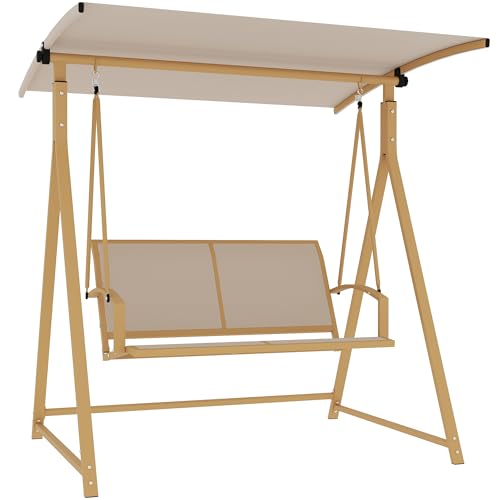 Balancelle de jardin extérieure 2 places avec auvent réglable à 90°, protection UV 30+ et structure triangulaire en métal, charge 220 kg, 160 x 112 x 162 cm, kaki