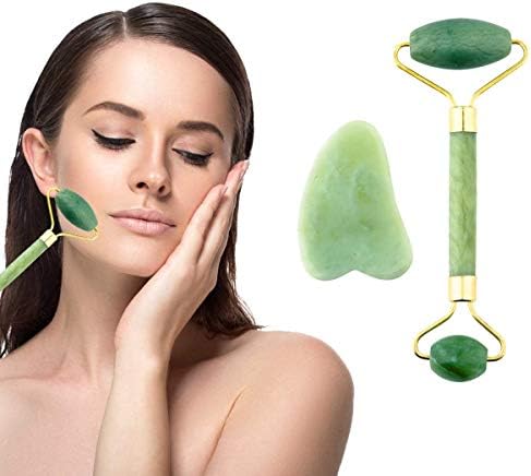 Jade Roller Gua Sha Scraping - 100% Real Natural Jade Facial Roller & Gua Sha Scraping Massage Tool Set for Anti Aging Double Neck Healing Slimming with Brochure