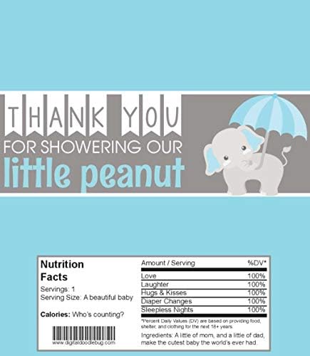 25 Candy Bar Wrappers Baby Shower Favors Boy (Blue Elephant, with foil & Tape)