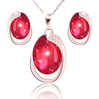 Fine Jewelry Set for Women - 925 Silver Plated Base Ruby Pendant Necklace and Earrings for Her Gift -red