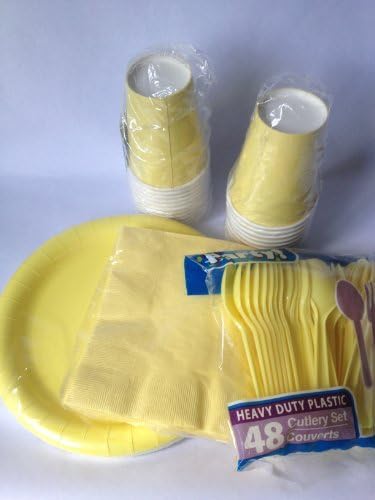 Yellow Party Supplies Kit Paper Plates, Napkins, Cutlery Cups 112 Pieces