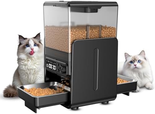 Comedouro automático para gatos para 2 gatos, 5 l/20 chávenas, com tabuleiros ajustáveis, painel de controlo removível, temporizador, comedouro automático para gatos e cães para ração seca