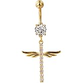 Zynova 14G CZ Wing Cross Dangle Belly Button Rings for Women 316L Surgical Steel Cross Belly Navel Ring Navel Piercing Barbell Sparkling Body Piercing Jewelry