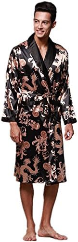 Yunjia Mens Silky Satin Ultra Robes Shawl Collar Kimono Dragon Print Bathrobe Sleepwear Nightwear Pajamas