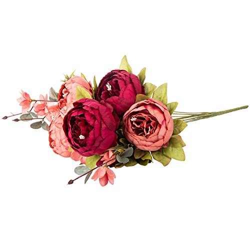 Flojery Silk Peony Bouquet Vintage Artificial Peonies Flower for Home Wedding Party Decor (1pcs, Burgundy) - Thumbnail 2