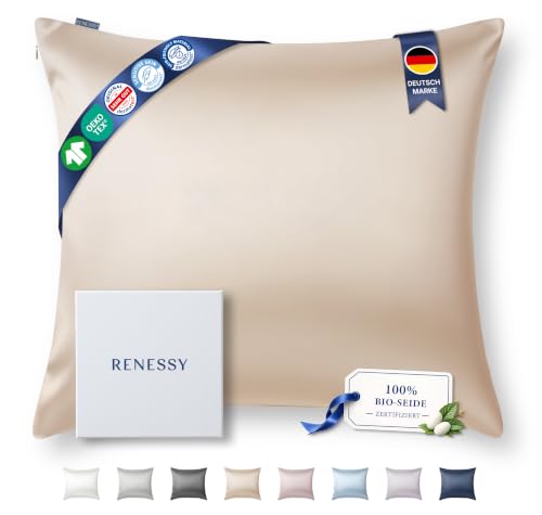 RENESSY Kissenbezug aus 100% Bio-Seide 80x80 cm - 22 Momme Maulbeerseide, Güteklasse 6A, Oeko-Tex zert. in Deutschland - Luxus für Haar und Haut, 1 St