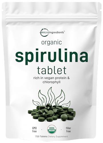 Micro Ingredients Organic Spirulina Supplement, 720 Tablets (4 Month Supply), No Filler & Non-GMO, Rich in Vegan Protein, Vitamins & Prebiotics, Premium Spirulina Pills