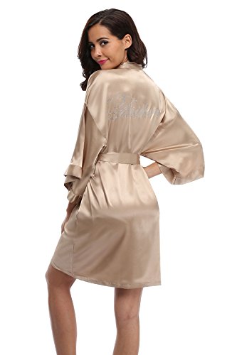 Women's Satin Rhinestone Short Wedding Kimono Robe for Bridesmaid, Champagne XS