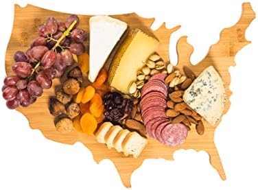 USA Map Cheese and Serving Board- Patriotic Theme- Bamboo Extra Thick Decorative Cutting Board- Platter for Appetizer, Cracker, Meat and Wine - Natural Wooden Gift- Designed in the US by Castlencia