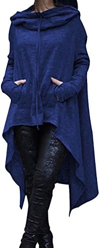 Wooniu Women Fashion Pullover Hoodies Drawstring Pockets Hi-lo Sweatshirts Dress Blue L