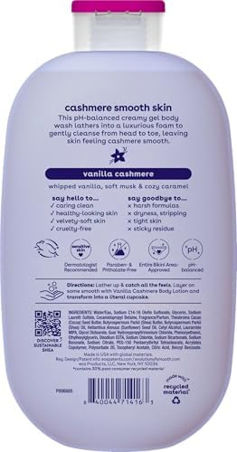 EOS CASHMERE BODY WASH – VANILLA CASHMERE, MOISTURIZING BODY WASH, CREAMY GEL FORMULA, WITH SHEA BUTTER, GLYCERIN, VITAMIN E, PH BALANCED, SENSITIVE SKIN, VEGAN, 16 FL OZ