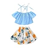 Tenworld Little Girls' Clothes Off Shoulder Tops + Floral Skirt 2pcs Outfits Set (5T, Blue)