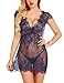 klier Women Sexy Lingerie Eyelash Lace Chemise Babydoll Nightwear Set Sleepwear Sheer Nightgown (S, Navy Blue)