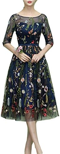 celebritystyle Sheer Navy Floral Embroidered Tulle Chiffon Dress Gown. See Measurements (S, Navy)