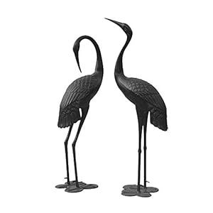 Metal Cranes for Yard Garden Sculpture Pair Statue - Upright and Preening Standing Crane Heron Couple Sculpture Set, Bronze Black