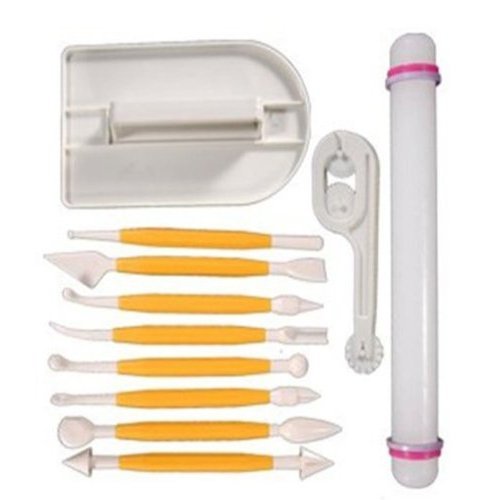 HOSL HOSL 4 Sets (11pcs) Sugarcraft Icing Cake Smoother Fondant Cutter Embosser Rolling Pin Modeling Tool Kit Set