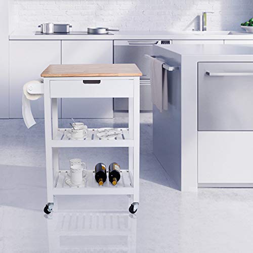 U-Eway Kitchen Rolling Island,Bar Serving Cart on Wheels,3 Tiers Wine Tea Beer Shelves Holder with Drawer,Trolley with Storage for Dining Rooms Kitchens (White)