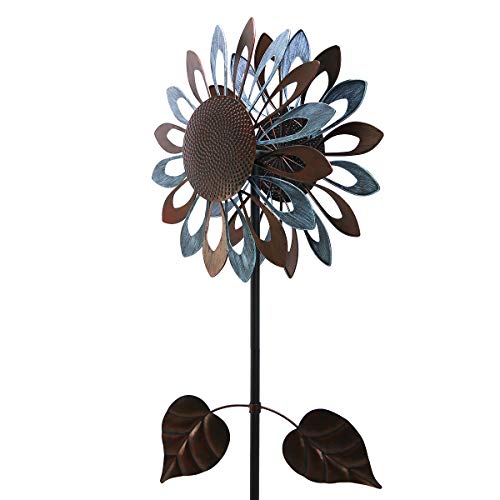 hourflik Sunflower Wind Spinners with Stake Metal Outdoor Copper Garden Spinner with